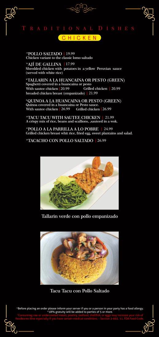 Printed menu with lunch and all-day sections.