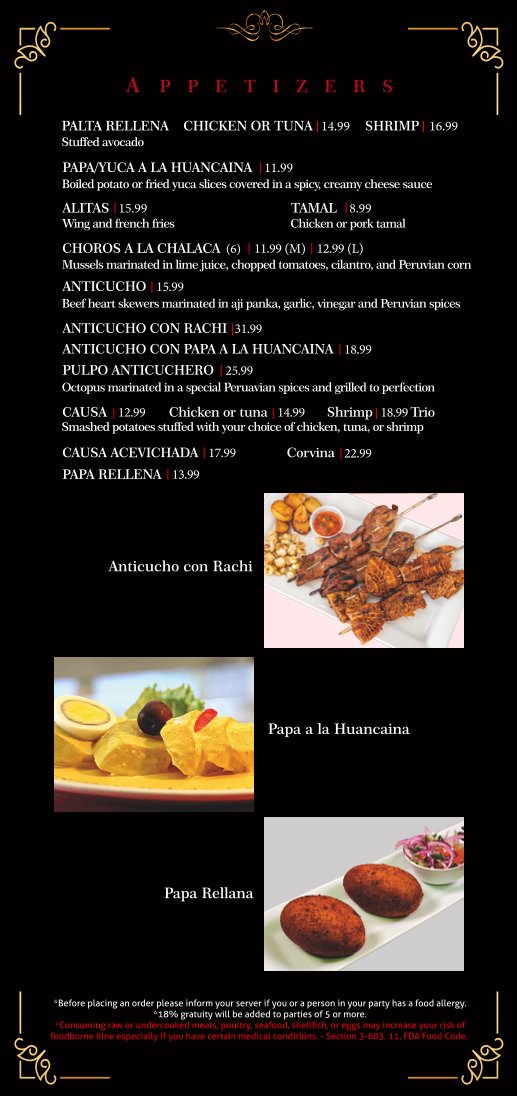 Menu page listing Peruvian dishes and tea.